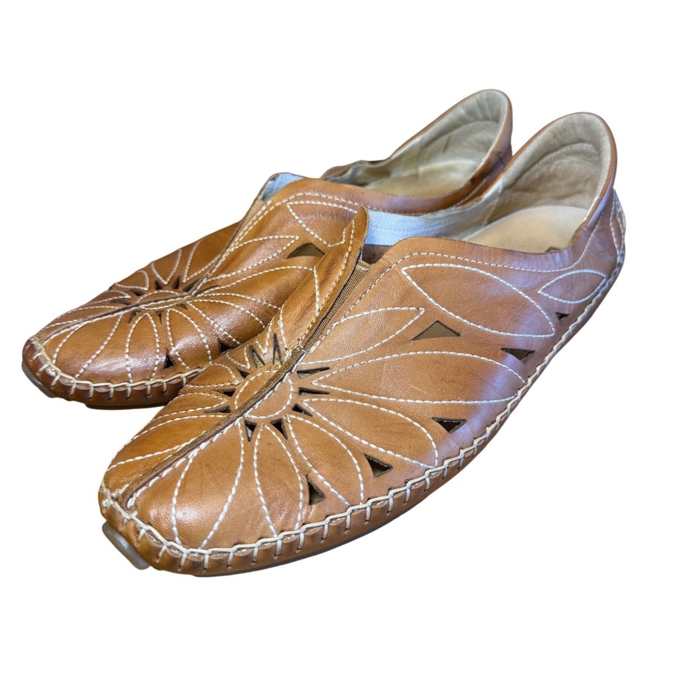 Pikolinos Jerez 578 Brandy Brown Leather Floral Cut-Out Loafers Womens Size 8/39